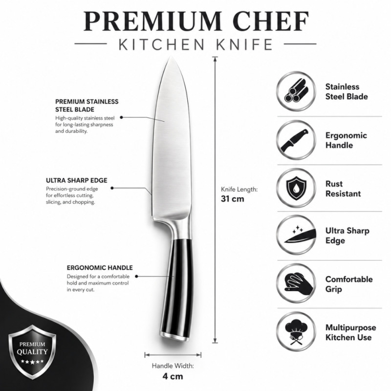 Professional Kitchen Knife Set – silver .black Sharp Blades (4x31cm)
