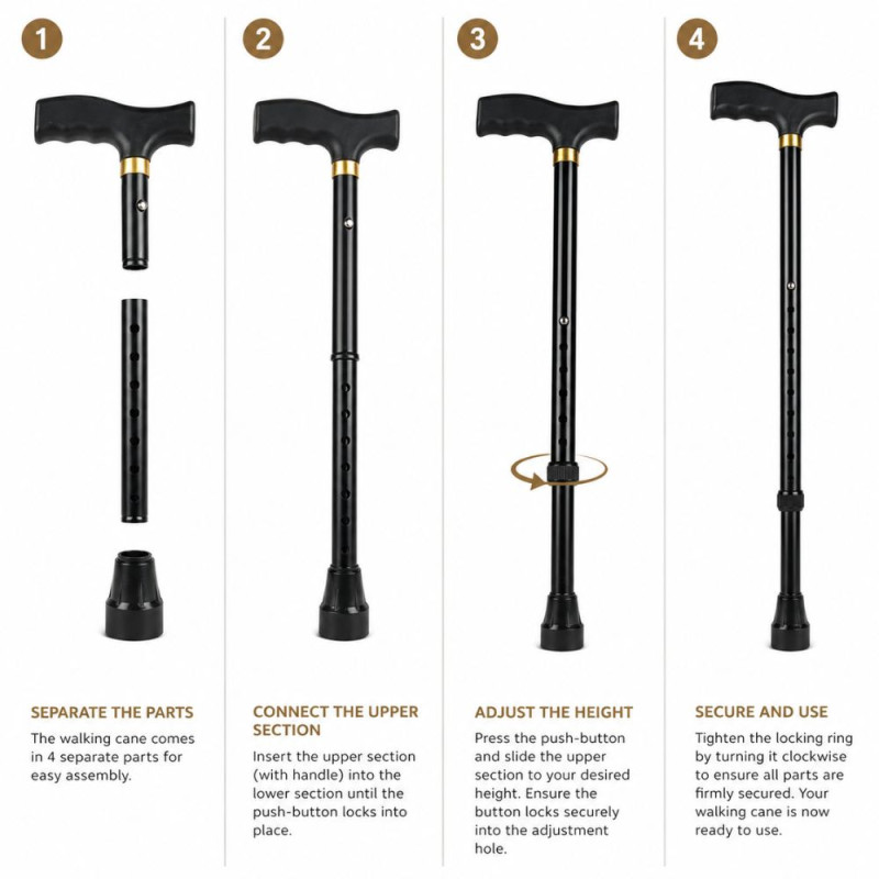Professional Adjustable Aluminum Alloy Walking Stick – Black T-Handle (96cm)