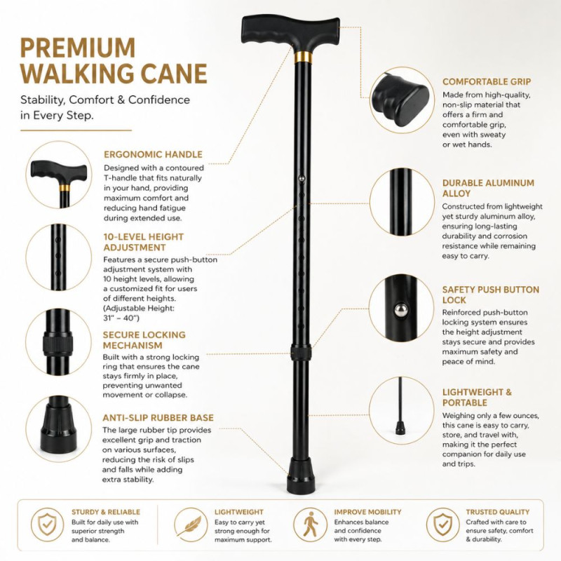 Professional Adjustable Aluminum Alloy Walking Stick – Black T-Handle (96cm)