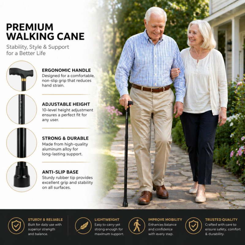 Professional Adjustable Aluminum Alloy Walking Stick – Black T-Handle (96cm)