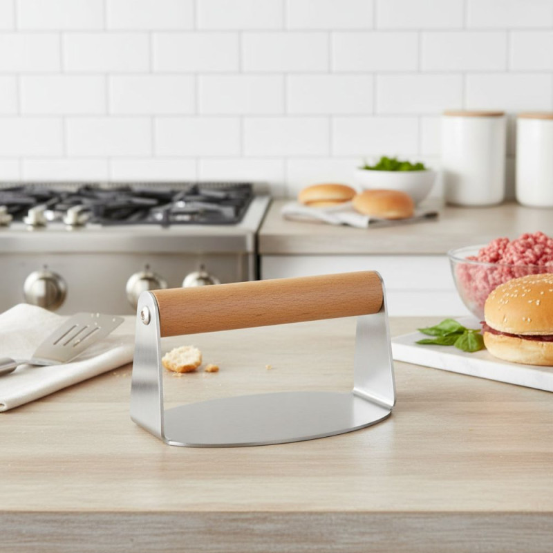 Professional Stainless Steel Smash Burger Press – Wooden Handle (14cm)