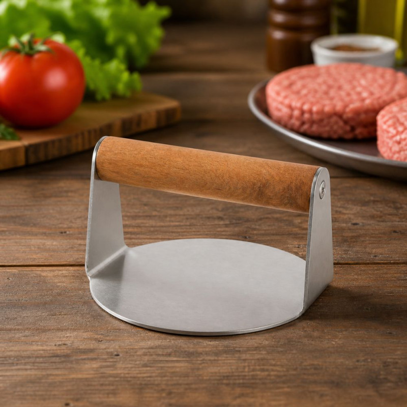 Professional Stainless Steel Smash Burger Press – Wooden Handle (14cm)