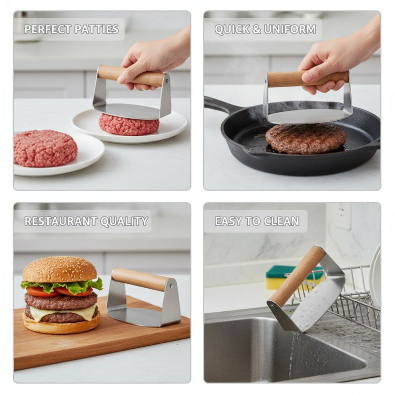 Professional Stainless Steel Smash Burger Press – Wooden Handle (14cm)