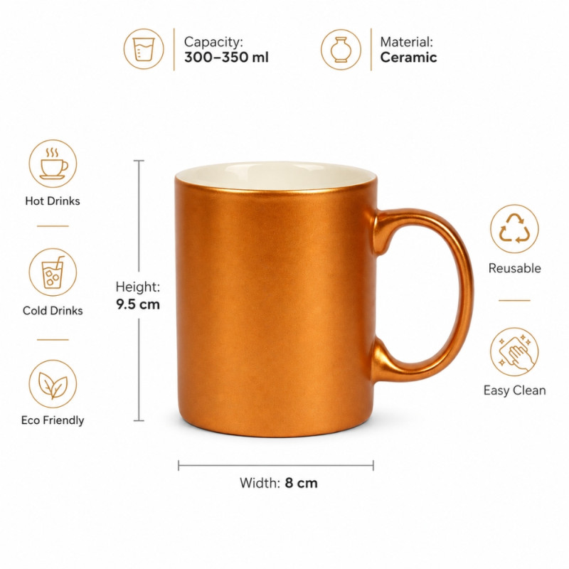 Exclusive metallic gold ceramic coffee mug suitable for sublimation printing – Orange (9.5 x 8cm)