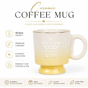 Elegant yellow ombre ceramic mug with a gold rim and raised lettering – Tan & White (10.5 x 9cm) Elegant yellow ombre ceramic mug with a gold rim and raised lettering – Tan & White (10.5 x 9cm)