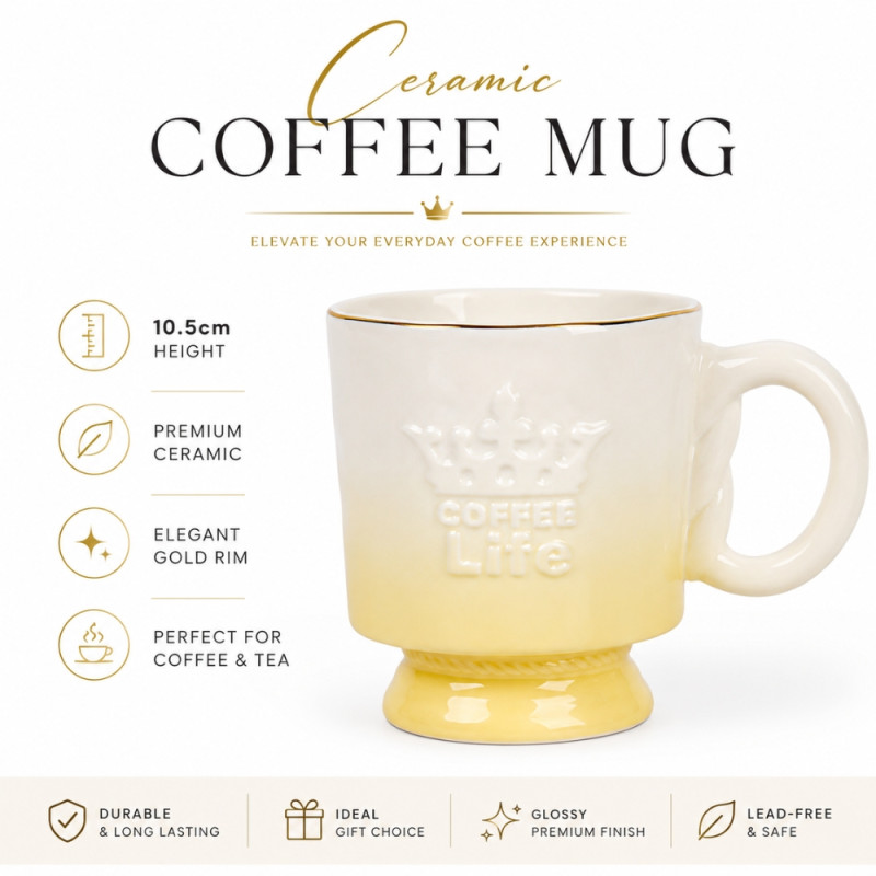 Elegant yellow ombre ceramic mug with a gold rim and raised lettering – Tan &amp; White (10.5 x 9cm)