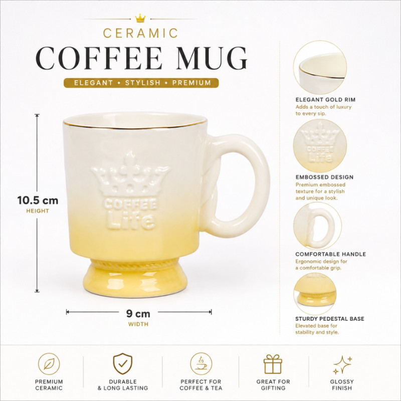Elegant yellow ombre ceramic mug with a gold rim and raised lettering – Tan &amp; White (10.5 x 9cm)