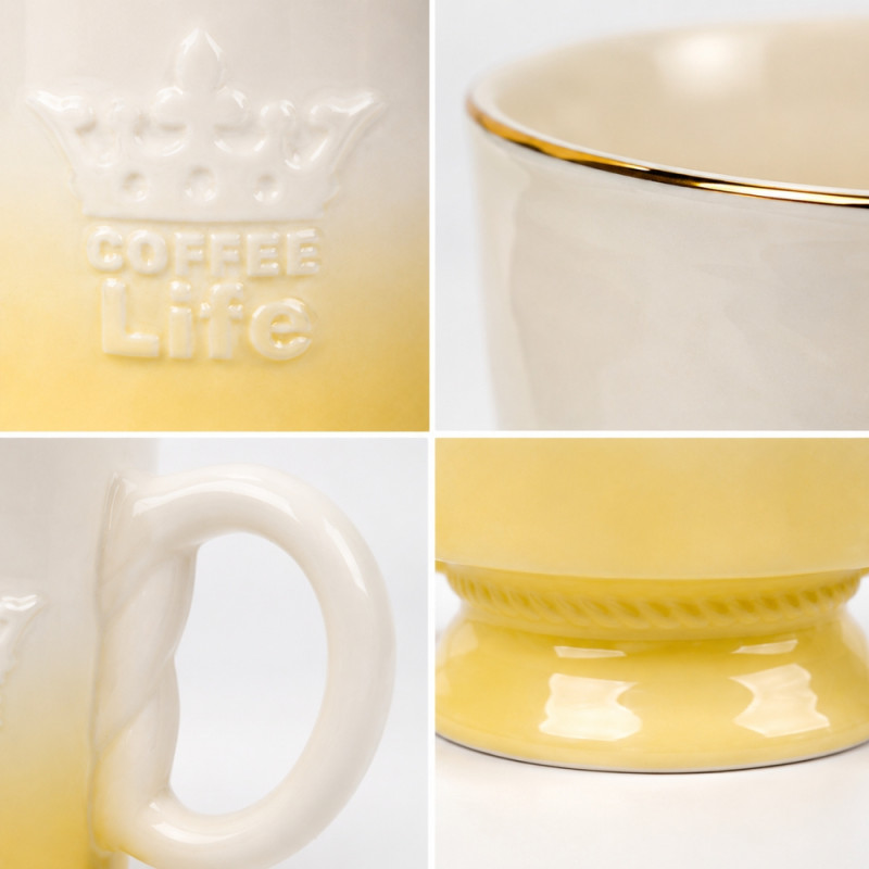 Elegant yellow ombre ceramic mug with a gold rim and raised lettering – Tan &amp; White (10.5 x 9cm)