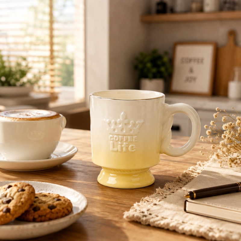 Elegant yellow ombre ceramic mug with a gold rim and raised lettering – Tan &amp; White (10.5 x 9cm)