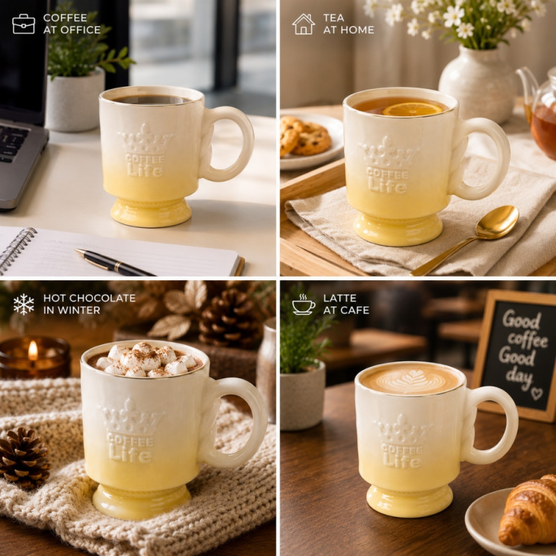 Elegant yellow ombre ceramic mug with a gold rim and raised lettering – Tan &amp; White (10.5 x 9cm)