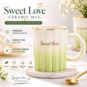 Premium ceramic "Sweet Love" coffee mug with a ribbed design and a gold rim – Pal Green & Ivory (10.5 x 8.5cm) Premium ceramic "Sweet Love" coffee mug with a ribbed design and a gold rim – Pal Green & Ivory (10.5 x 8.5cm)
