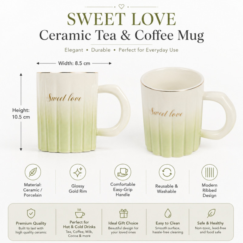Premium ceramic "Sweet Love" coffee mug with a ribbed design and a gold rim – Pal Green & Ivory (10.5 x 8.5cm)