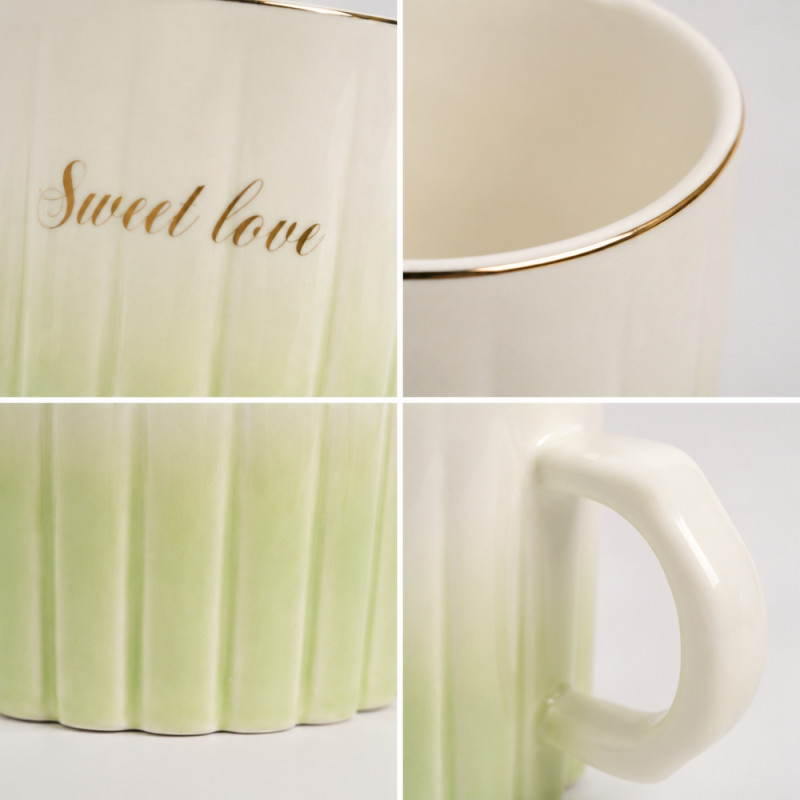 Premium ceramic "Sweet Love" coffee mug with a ribbed design and a gold rim – Pal Green & Ivory (10.5 x 8.5cm)