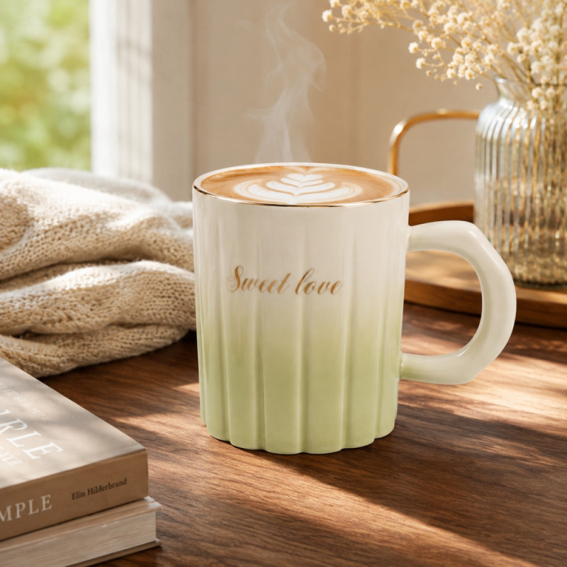 Premium ceramic "Sweet Love" coffee mug with a ribbed design and a gold rim – Pal Green & Ivory (10.5 x 8.5cm)