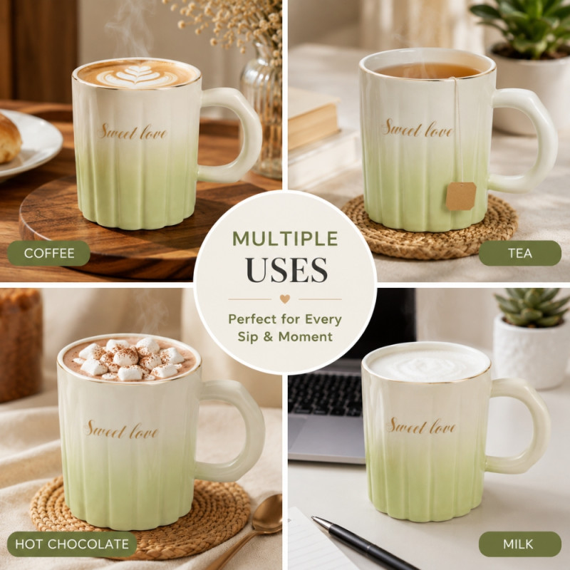 Premium ceramic "Sweet Love" coffee mug with a ribbed design and a gold rim – Pal Green & Ivory (10.5 x 8.5cm)