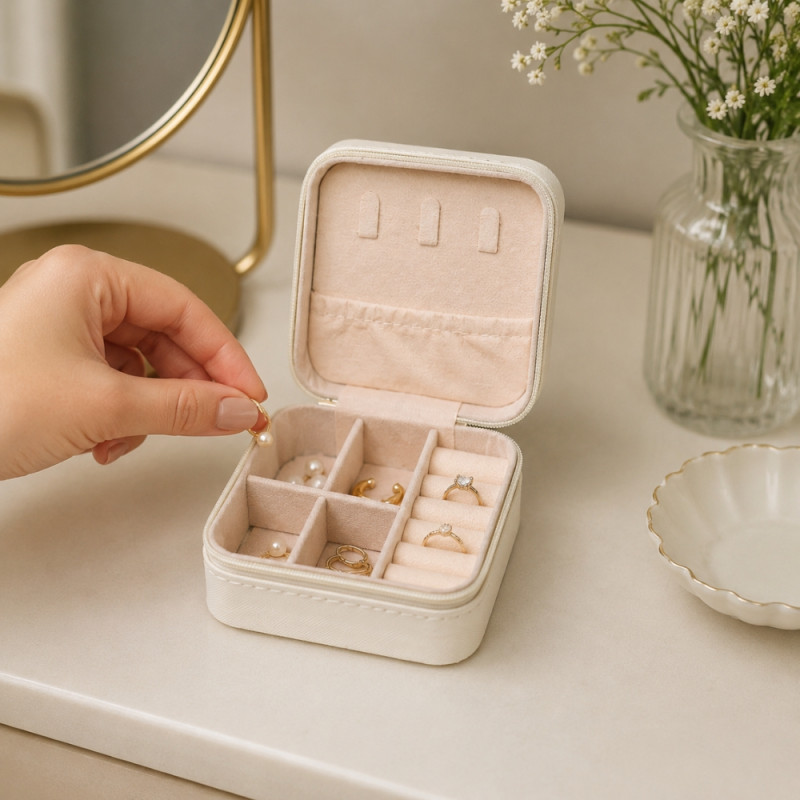Vanilla Touch Travel Jewelry Box Designed for Daily Grooming & Self-Care – Cream
