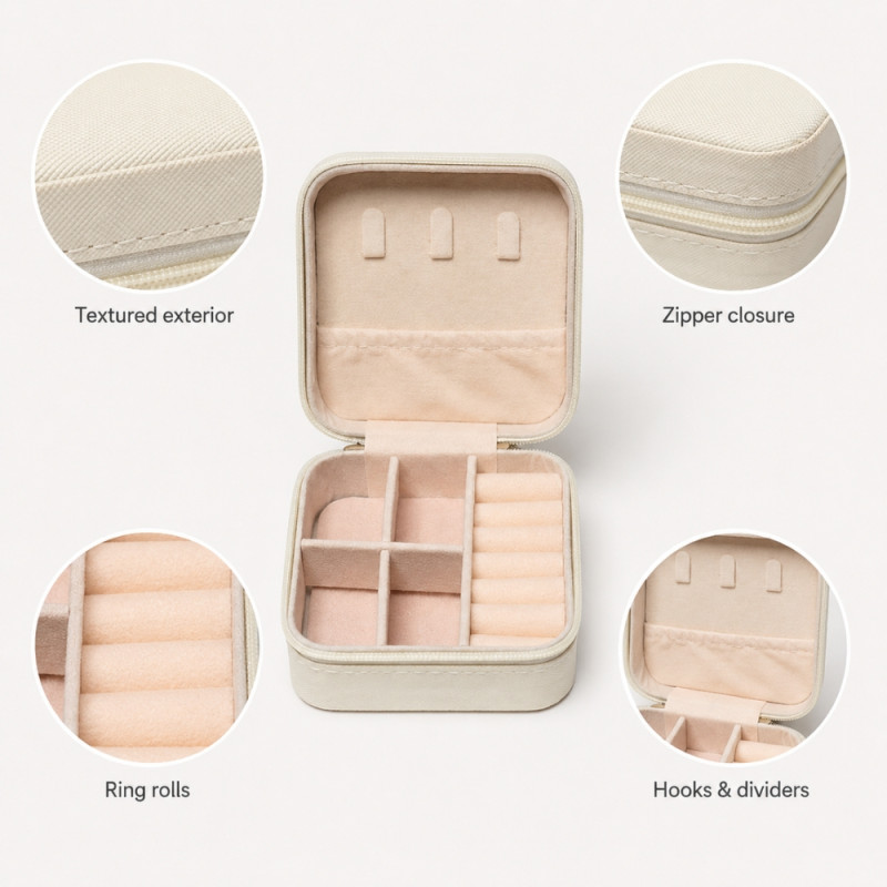 Vanilla Touch Travel Jewelry Box Designed for Daily Grooming & Self-Care – Cream
