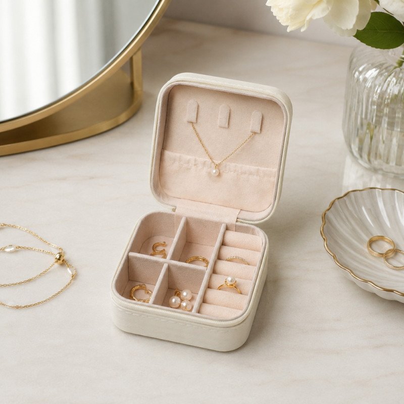 Vanilla Touch Travel Jewelry Box Designed for Daily Grooming & Self-Care – Cream