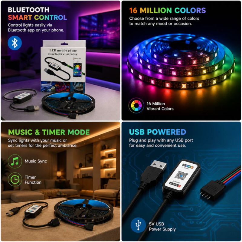 Smart RGB LED Strip Light – Bluetooth App Control – Multicolor (488cm)