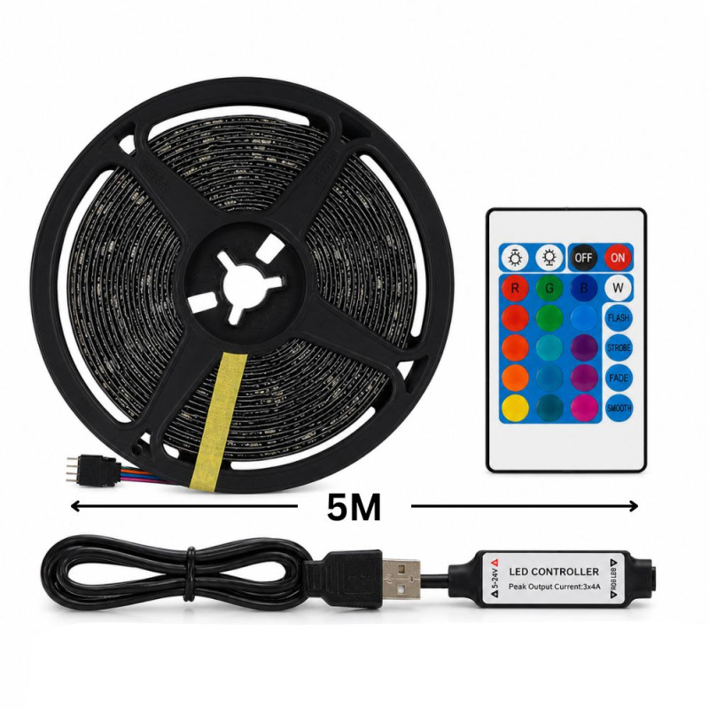 Smart RGB LED Strip Light Kit – 24-Key Remote &amp; USB Power – Multicolor (5M)