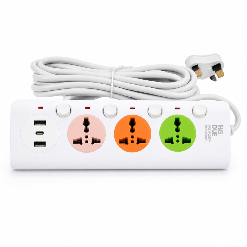 3-Socket Universal Power Extension with an USB-C & dual USB-A ports – White (5m)