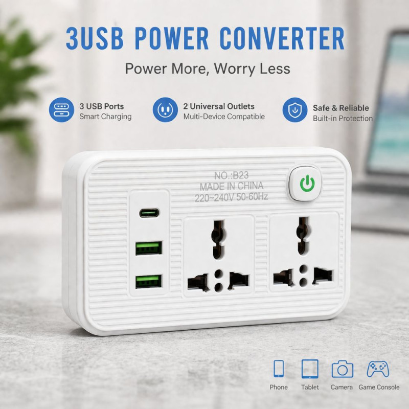 Versatile Desktop Power Strip – Multiple Outlets &amp; USB Ports – White (13.5x7.5cm)