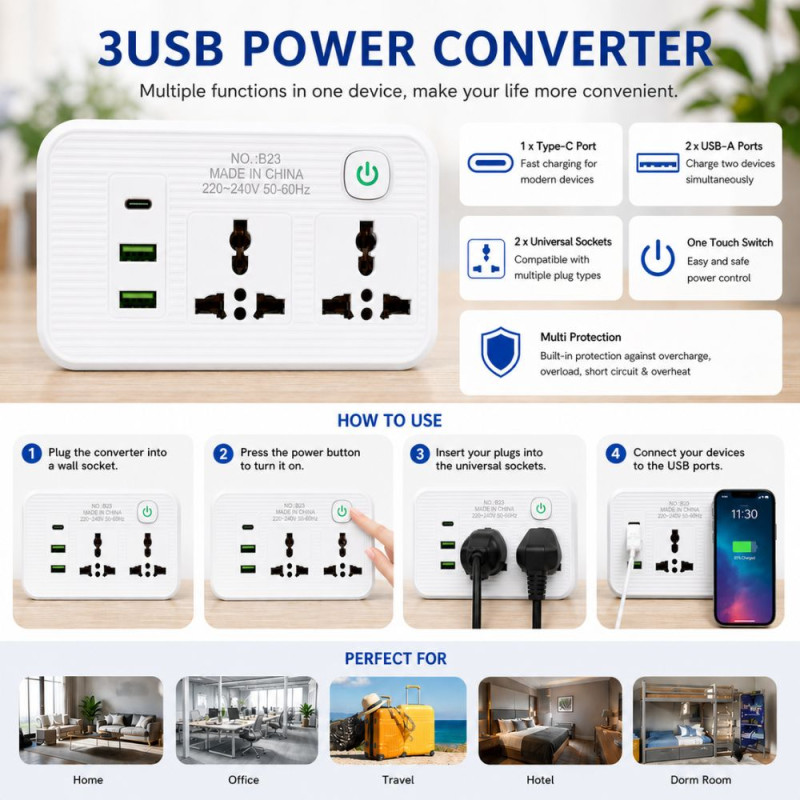 Versatile Desktop Power Strip – Multiple Outlets &amp; USB Ports – White (13.5x7.5cm)