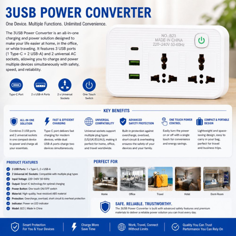 Versatile Desktop Power Strip – Multiple Outlets &amp; USB Ports – White (13.5x7.5cm)