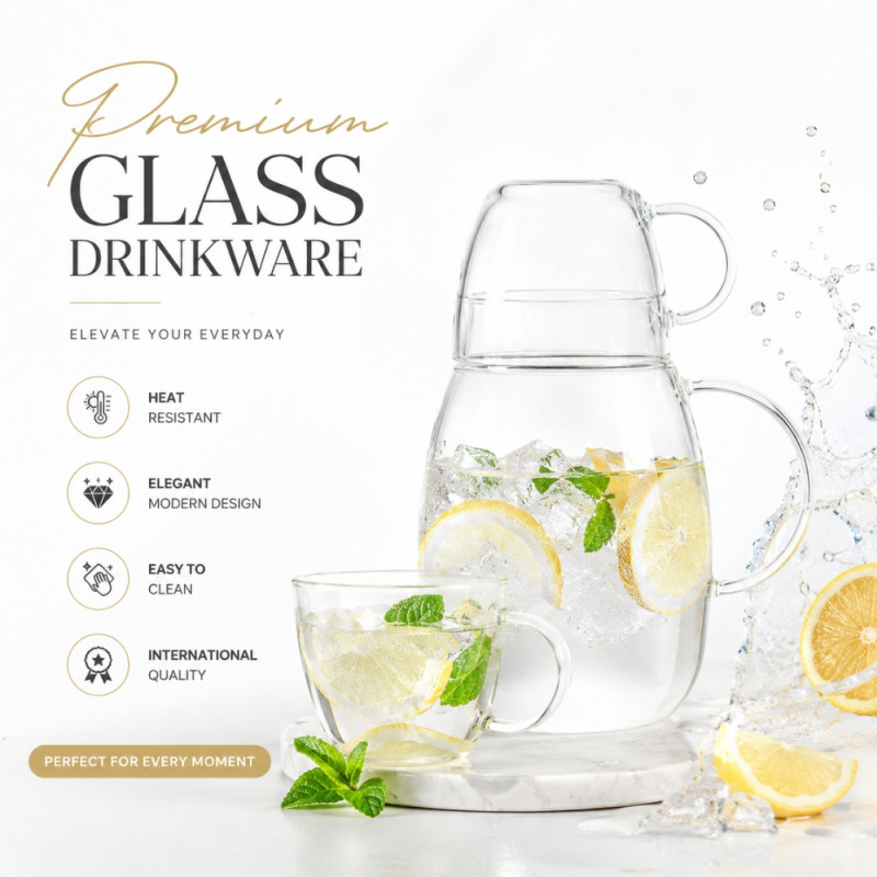 Foundational glass teapot and cup, featuring heat-resistant borosilicate glass – Transparent (19.5 x 7cm)