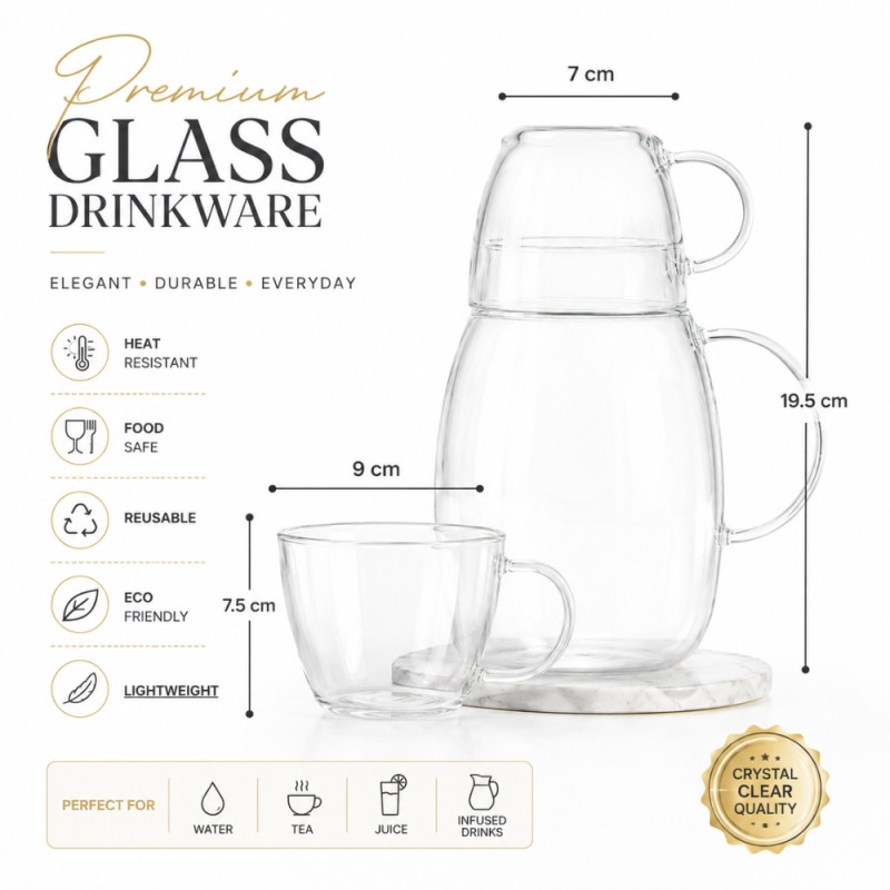 Foundational glass teapot and cup, featuring heat-resistant borosilicate glass – Transparent (19.5 x 7cm)