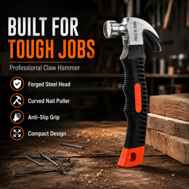 Space Saver Stubby Claw Hammer Designed for DIY Projects &amp; Professional Work – Black (H-16, W-3.5 CM)