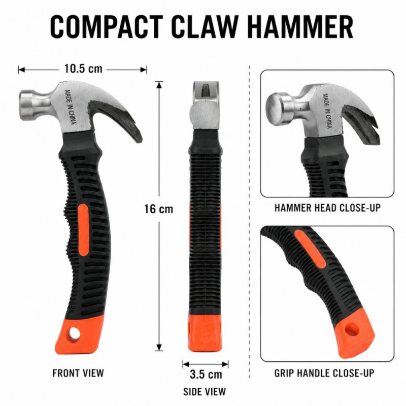 Space Saver Stubby Claw Hammer Designed for DIY Projects &amp; Professional Work – Black (H-16, W-3.5 CM)