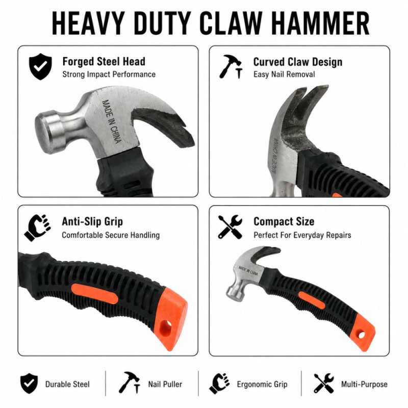 Space Saver Stubby Claw Hammer Designed for DIY Projects &amp; Professional Work – Black (H-16, W-3.5 CM)