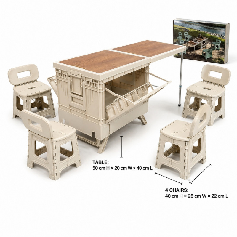 Multi-Functional Collapsible Camping Storage Box with Wooden-Top Folding Table and Four Portable Folding Stools