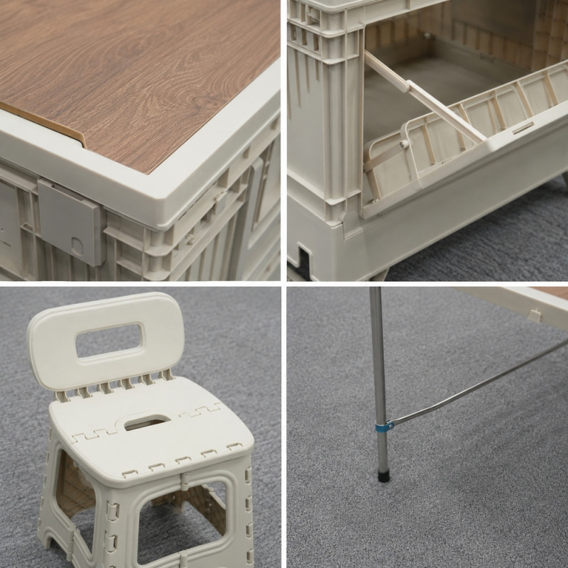 Multi-Functional Collapsible Camping Storage Box with Wooden-Top Folding Table and Four Portable Folding Stools