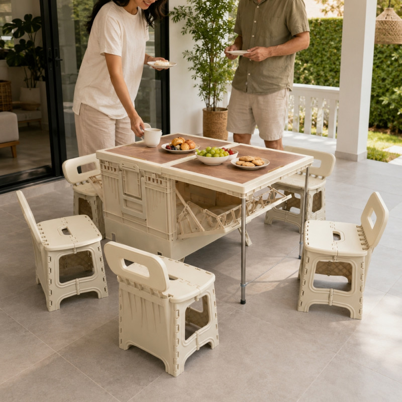 Multi-Functional Collapsible Camping Storage Box with Wooden-Top Folding Table and Four Portable Folding Stools