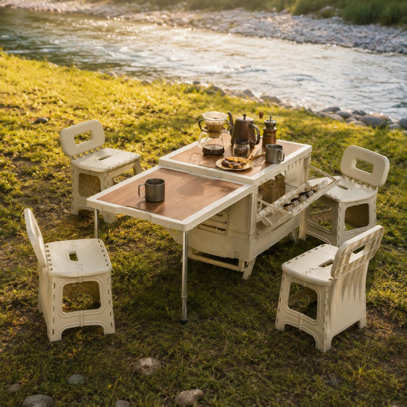 Multi-Functional Collapsible Camping Storage Box with Wooden-Top Folding Table and Four Portable Folding Stools