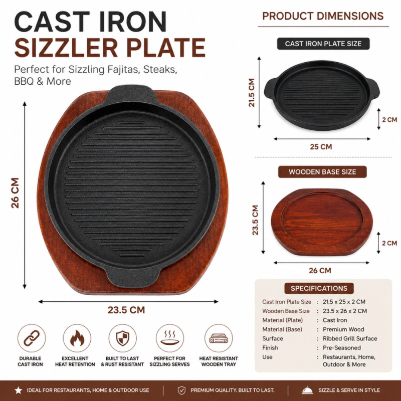 Nostalgic durable 26cm round cast iron sizzling plate – Wooden &amp; Black (23.5X26Cm)