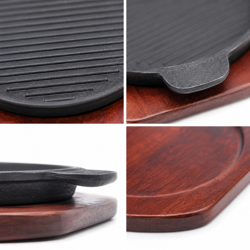 Nostalgic durable 26cm round cast iron sizzling plate – Wooden &amp; Black (23.5X26Cm)