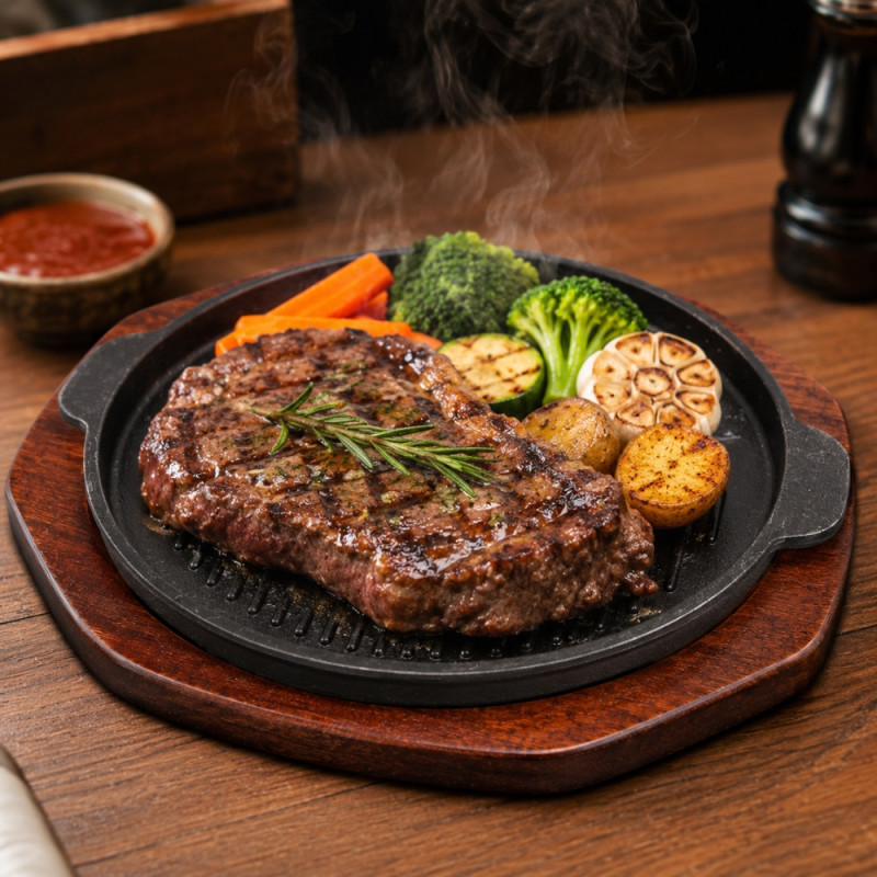 Nostalgic durable 26cm round cast iron sizzling plate – Wooden &amp; Black (23.5X26Cm)