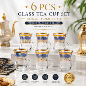 Optimistic decorative glass tea mug set featuring a blue wave pattern with gold rim accents – Transparent (6PCS)