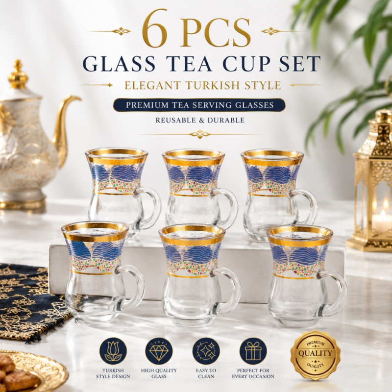 Optimistic decorative glass tea mug set featuring a blue wave pattern with gold rim accents – Transparent (6PCS)