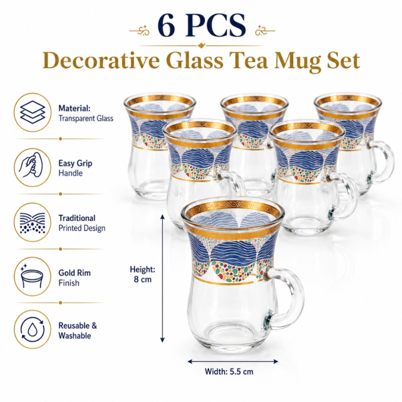 Optimistic decorative glass tea mug set featuring a blue wave pattern with gold rim accents – Transparent (6PCS)
