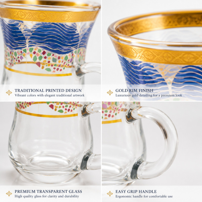Optimistic decorative glass tea mug set featuring a blue wave pattern with gold rim accents – Transparent (6PCS)