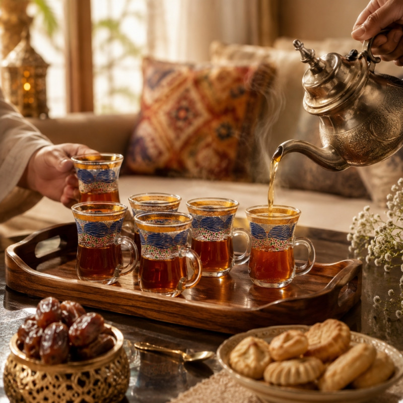 Optimistic decorative glass tea mug set featuring a blue wave pattern with gold rim accents – Transparent (6PCS)