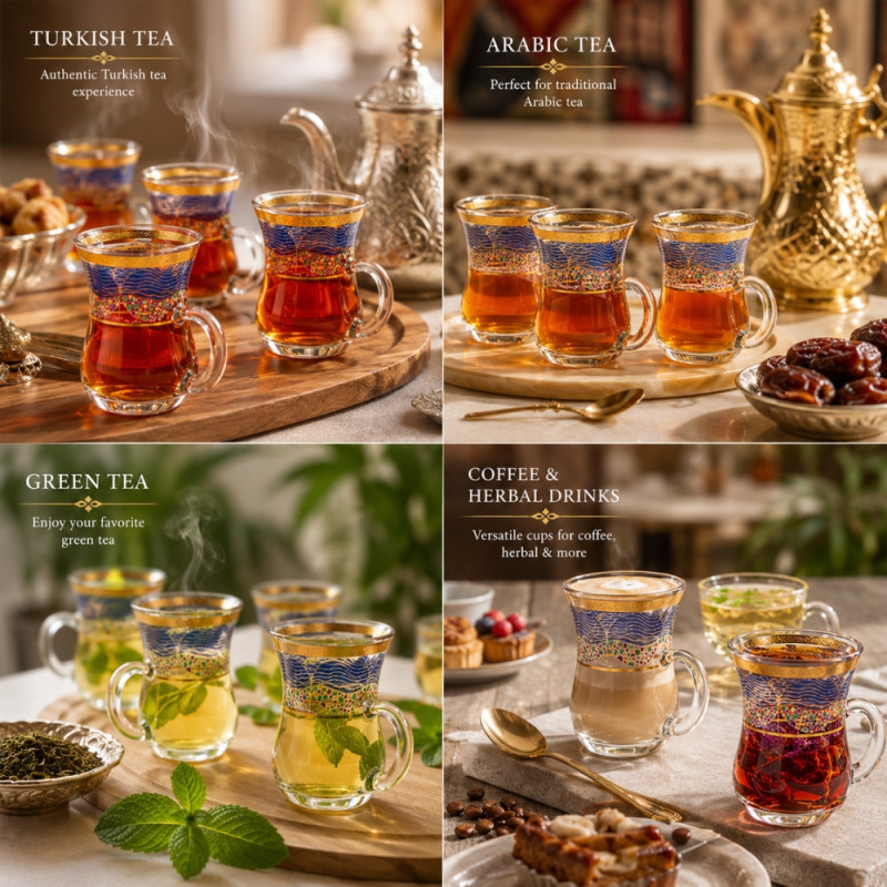 Optimistic decorative glass tea mug set featuring a blue wave pattern with gold rim accents – Transparent (6PCS)