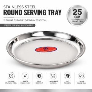 Stainless Steel Round Serving Tray – Mirror Polish Silver (25 x 2.5cm)