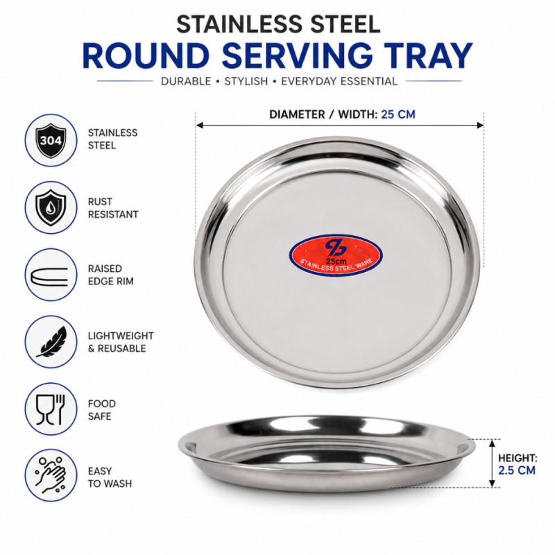 Stainless Steel Round Serving Tray – Mirror Polish Silver (25 x 2.5cm)
