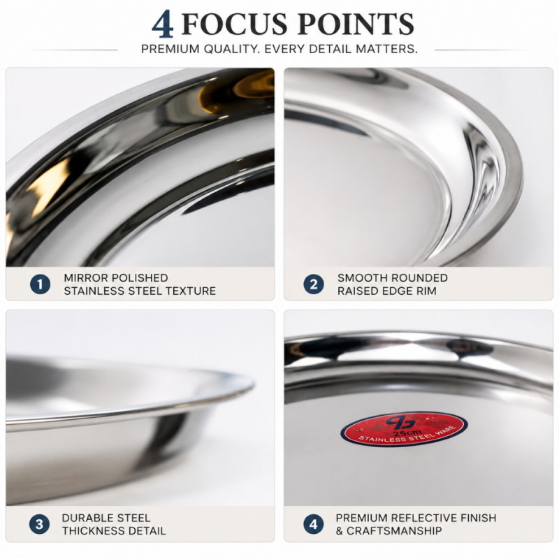 Stainless Steel Round Serving Tray – Mirror Polish Silver (25 x 2.5cm)