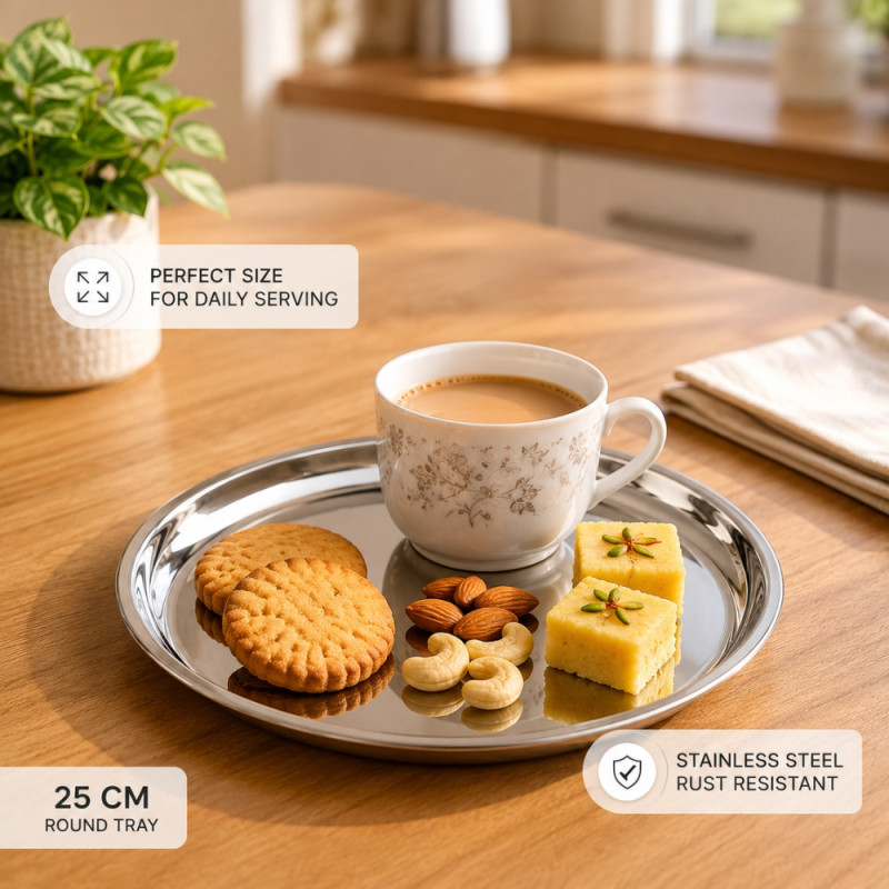 Stainless Steel Round Serving Tray – Mirror Polish Silver (25 x 2.5cm)